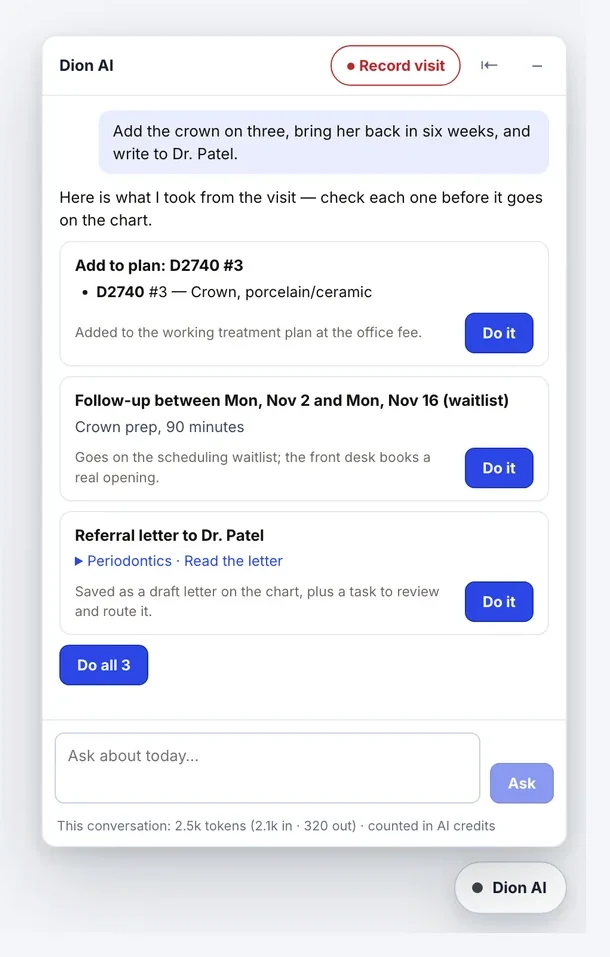 The Dion AI panel: one sentence becomes a plan item, a follow-up and a referral letter, each with a Do it button